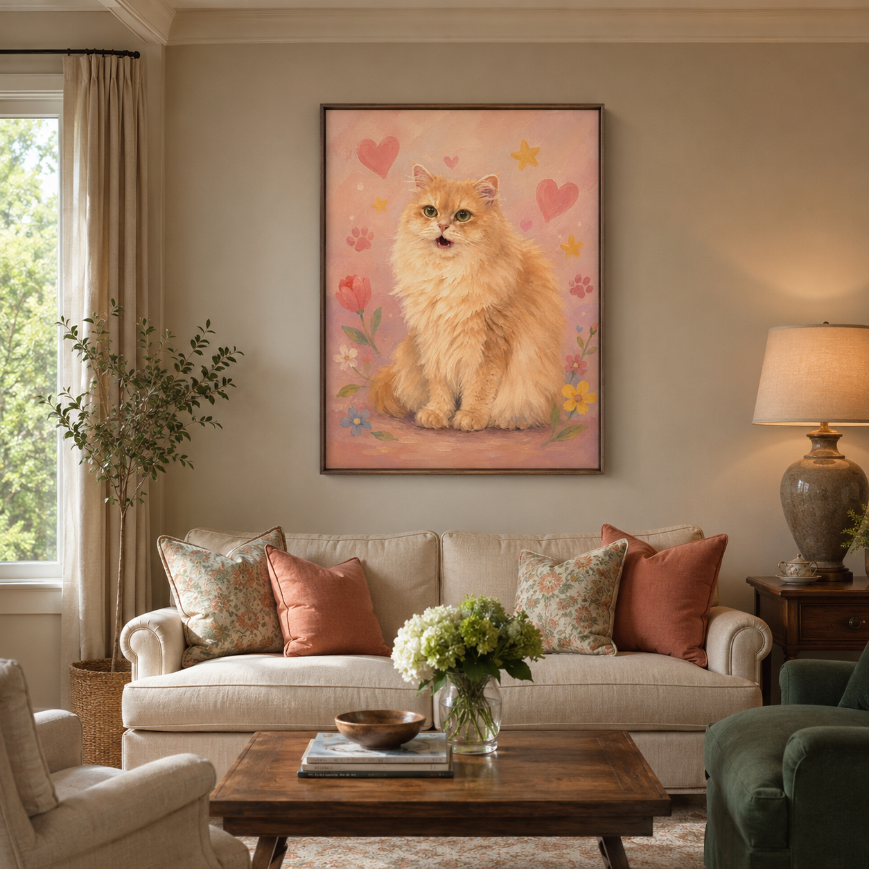 Finished hand-painted portrait displayed in a warm living room